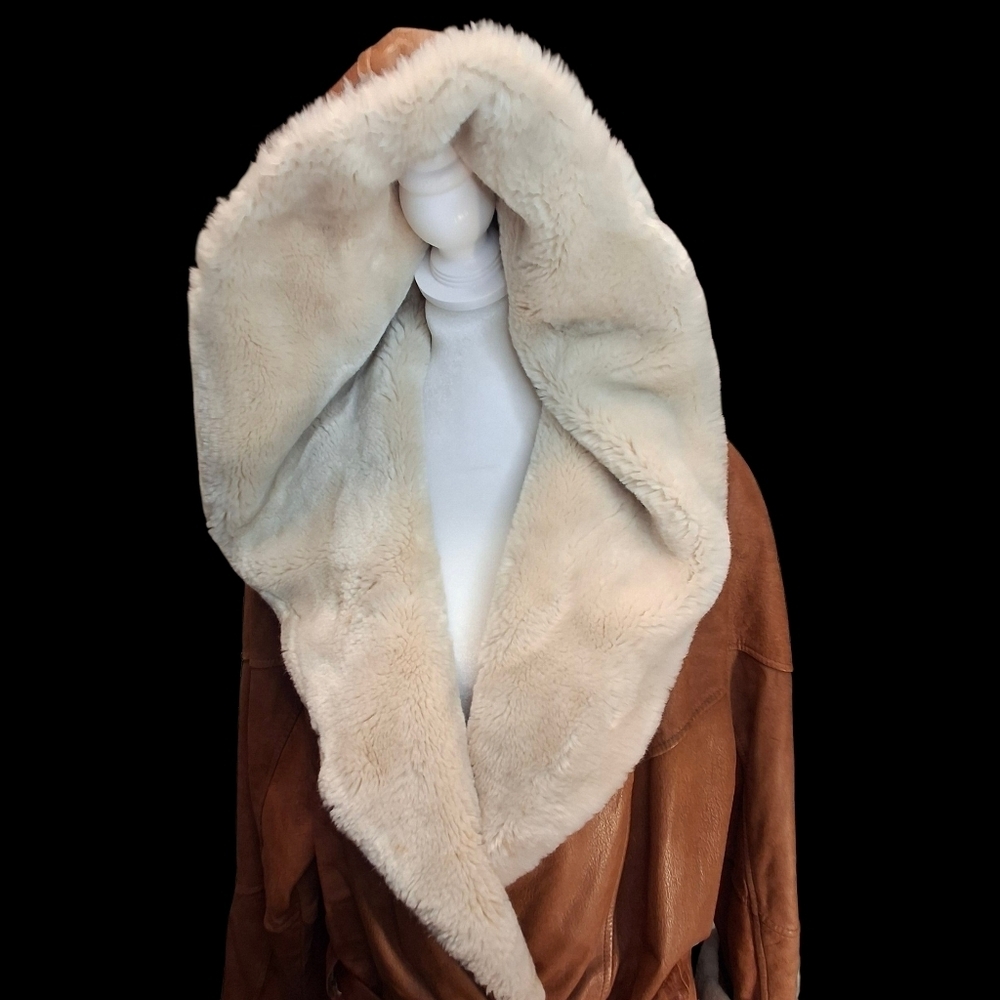 Wilsons Penny Lane Leather Faux Fur Trim Belted Hoodie Coat Women Size Medium - Picture 9 of 16